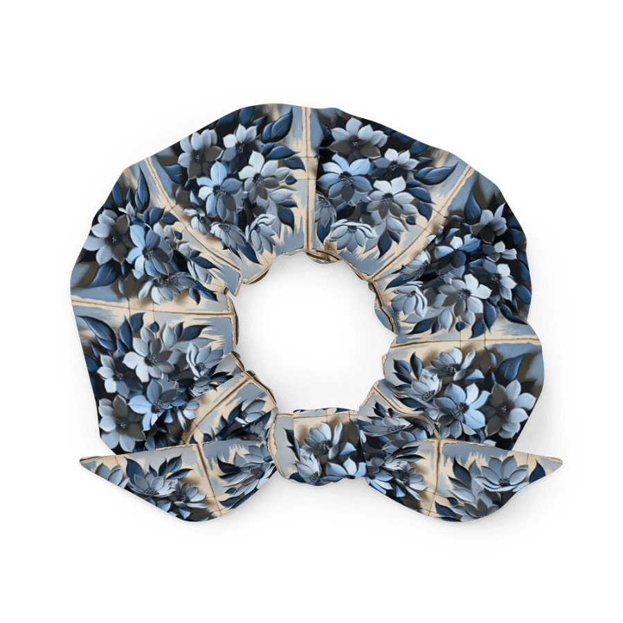 Hair Scrunchie - Painted Floral and Tile Pattern in Shades of Blue product image (2)
