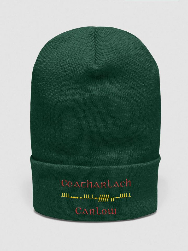 Carlow/Ceatharlach, Green with Red and Gold, Scholastic style Ogham embroidered Cuffed Beanie product image (1)