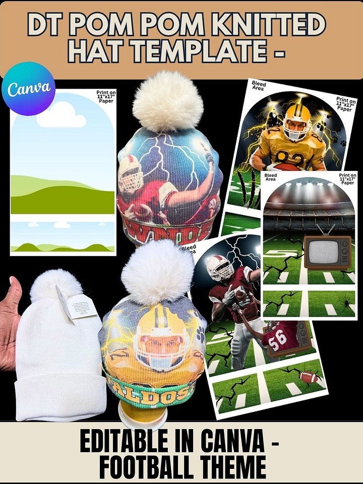 Silver Vault Members! DT Pom Pom Knitted Cap Templates - Football Theme - Editable Canva Frame Template product image (1)