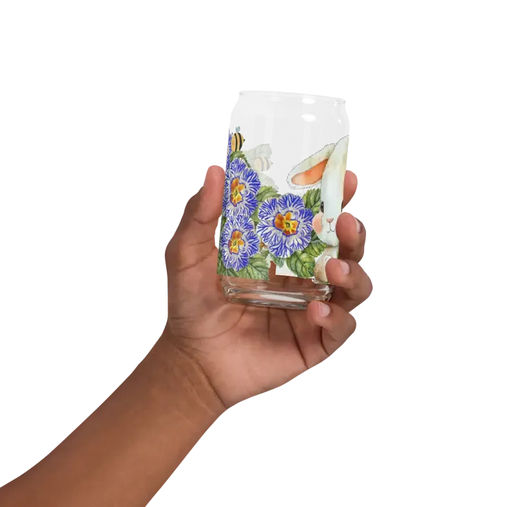Garden Whispers: Bunny and the Primula Zebra Blues | 16oz Glass Can | Nature-Inspired Drinkware product image (2)