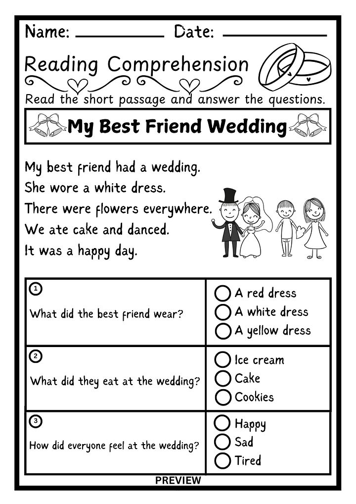 My Best Friend’s Wedding - Kindergarten Reading Comprehension Worksheet product image (1)
