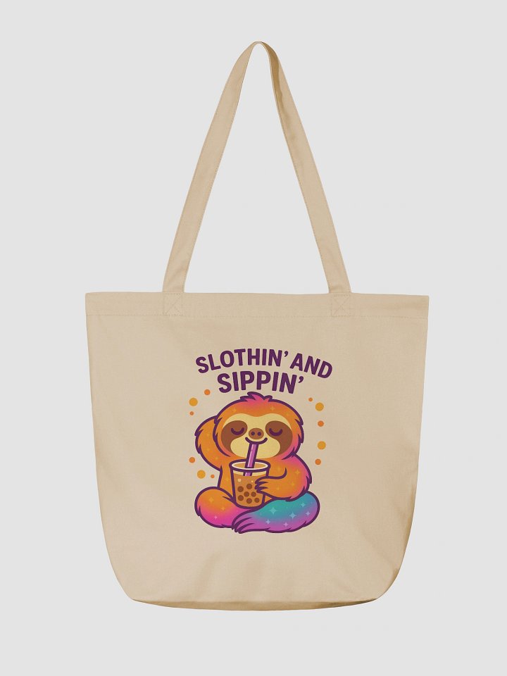 Slothin’ and Sippin’ – Funny Sloth Boba Tea Tote Bag (Double-Sided Print) | Eco Cotton Tote | Sloths Having Snacks Collection product image (2)