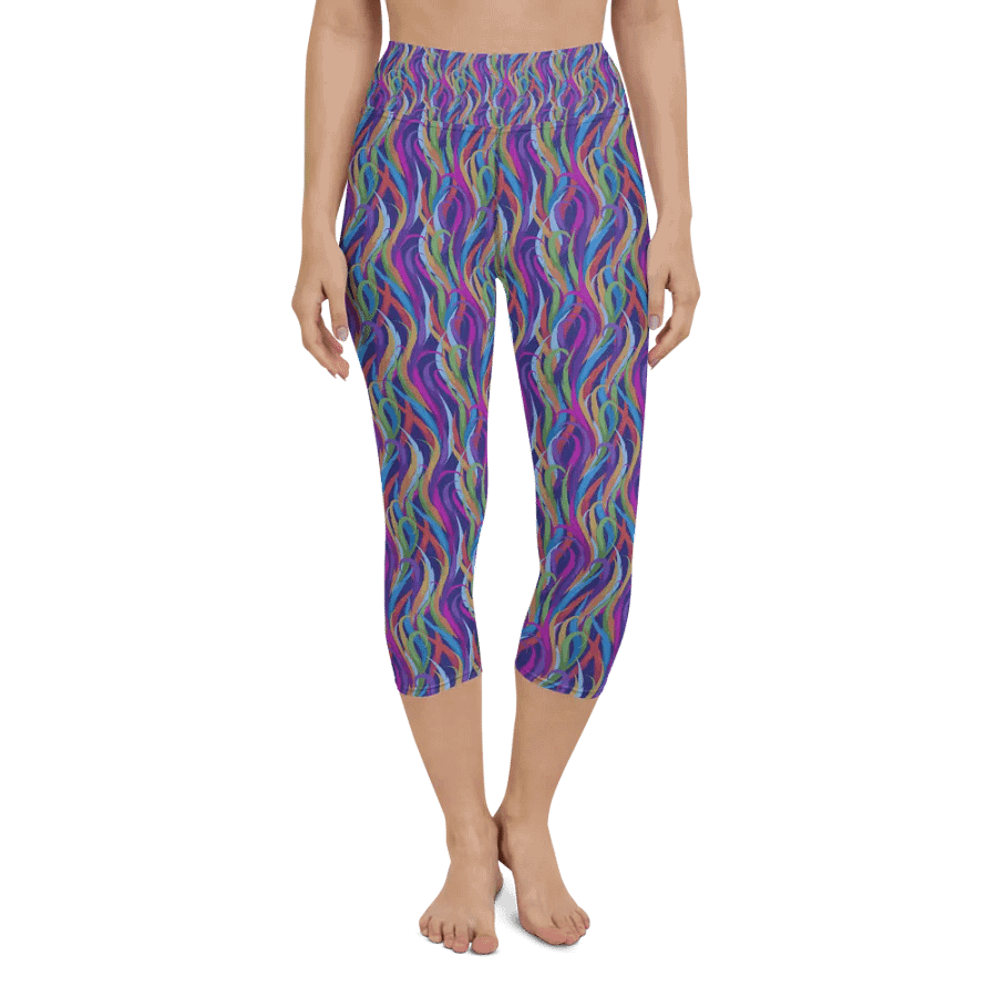 Yoga capri  leggingsmodern blue mauve and turquoise  design on black background product image (6)