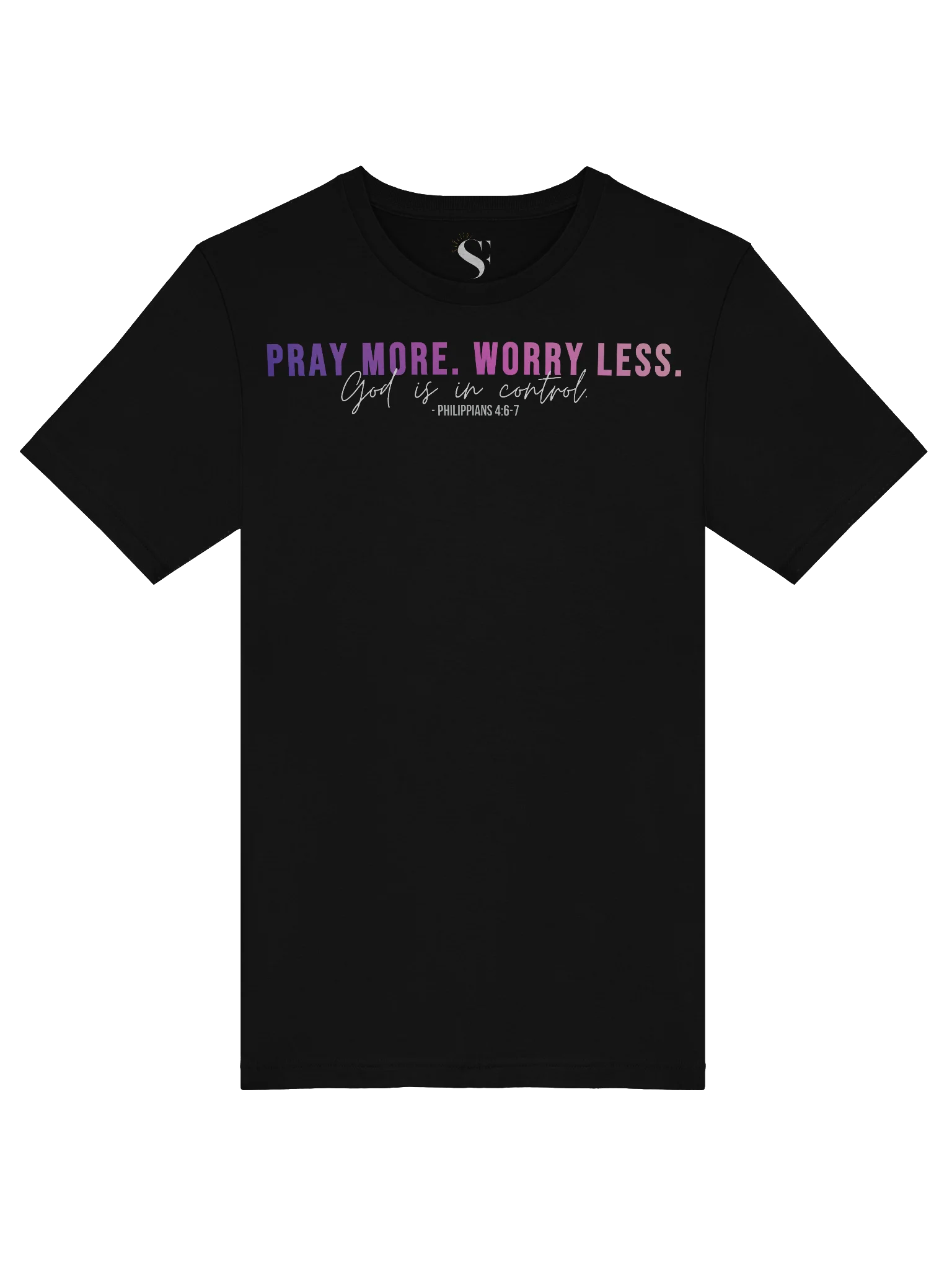 Pray More Worry Less 1.0 Unisex Tee- Dark Colors - Pink Gradient Text product image (6)