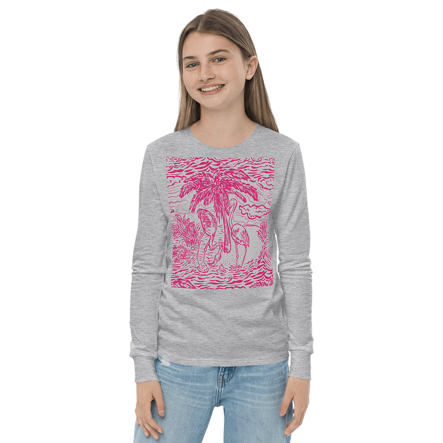 Girls’ | Youth Long Sleeve Tee | DTG Vintage Print | Pink on Grey Flamingo Fancy Toile Design | Monique Faella Designs™ | Tropical Whimsy with Coastal Charm product image (2)