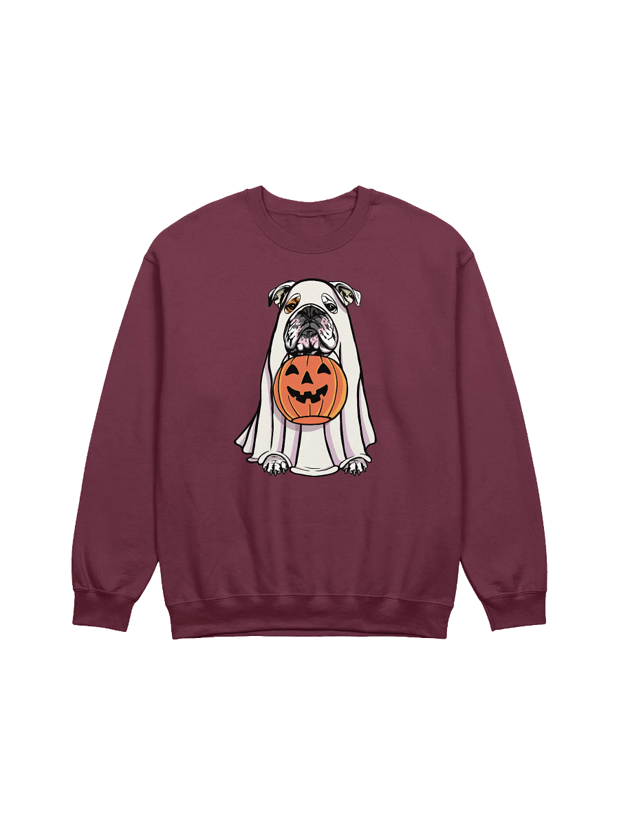 Funny Halloween English Bulldog(White) Sweatshirt | Funny English Bulldog Wearing a Ghost Costume and Holding a Pumpkin Basket product image (12)