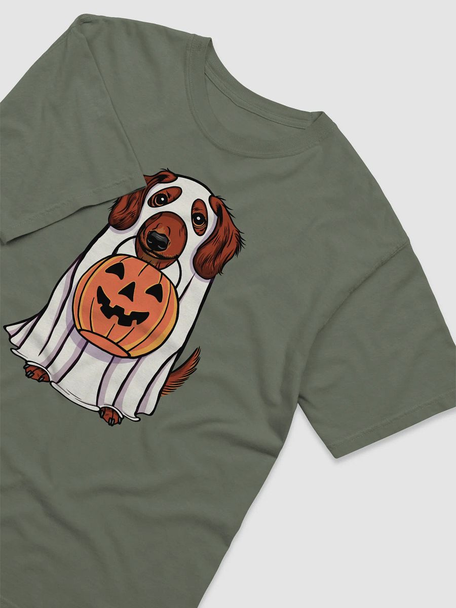 Funny Halloween Longhaired Dachshund T-Shirt | Funny Doxie/Wiener Wearing a Ghost Costume and Holding a Pumpkin Basket product image (10)