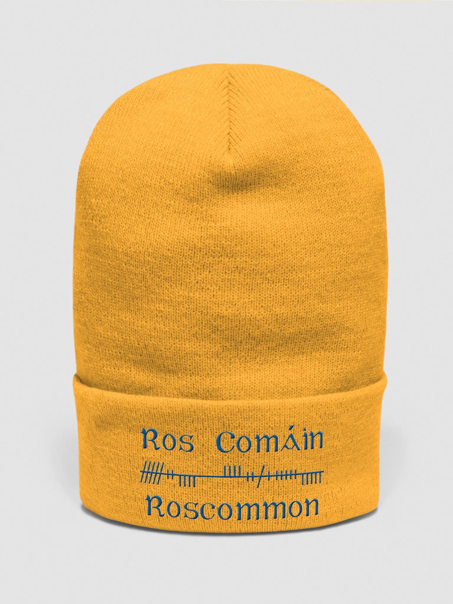 Roscommon/Ros Comáin Orthodox style Ogham, yellow with blue, embroidered Cuffed Beanie product image (1)