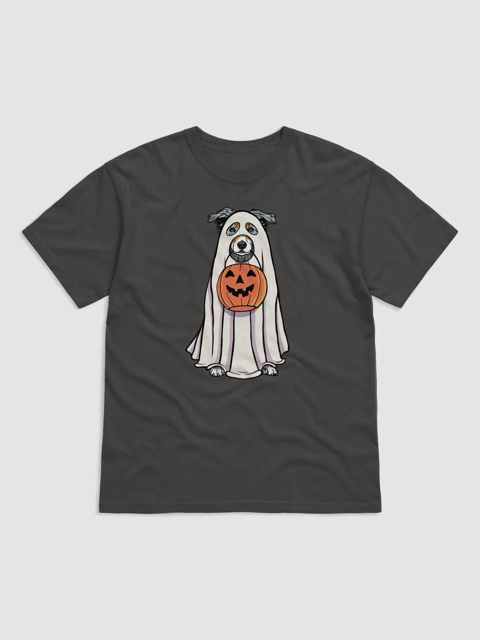 Funny Halloween Australian Shepherd(Blue Merle)T-Shirt | Funny Aussie Wearing a Ghost Costume and Holding a Pumpkin Basket product image (17)