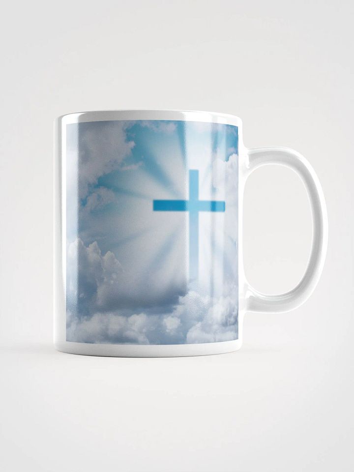 Glowing cross illuminated by intense golden light & a cross surrounded by a heavenly scene, with rays of light shining through soft clouds in a bright blue sky Mug product image (1)