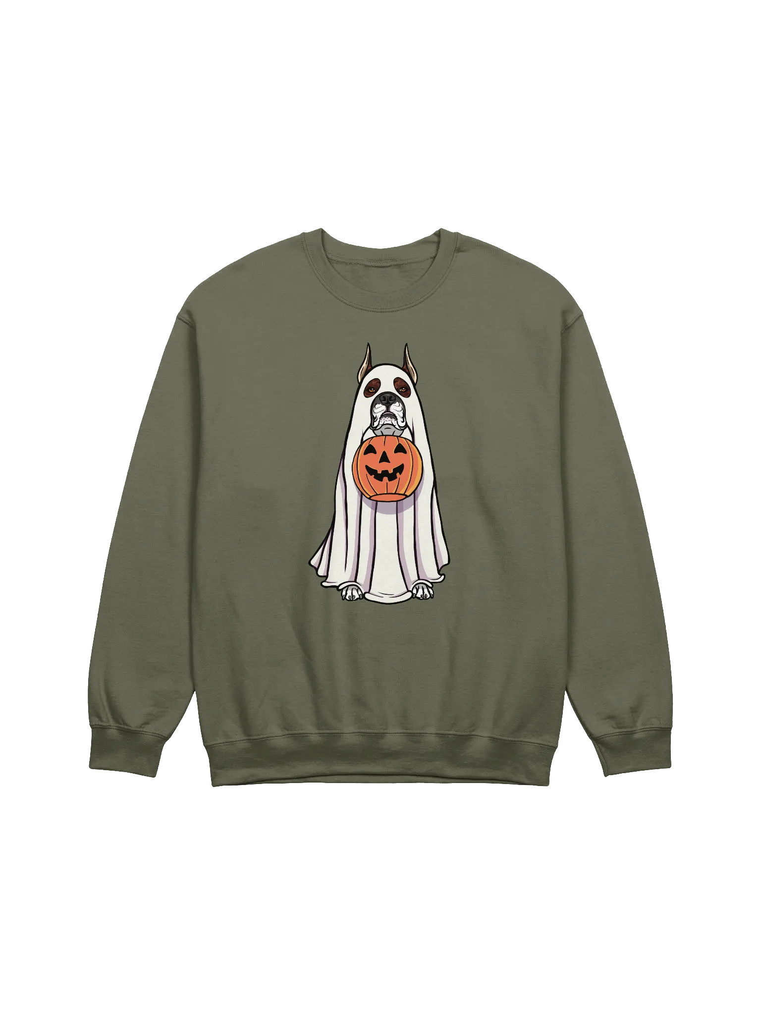 Funny Halloween Boxer Dog(Brindle, Cropped Ears) Sweatshirt | Funny Boxer Wearing a Ghost Costume and Holding a Pumpkin Basket product image (3)