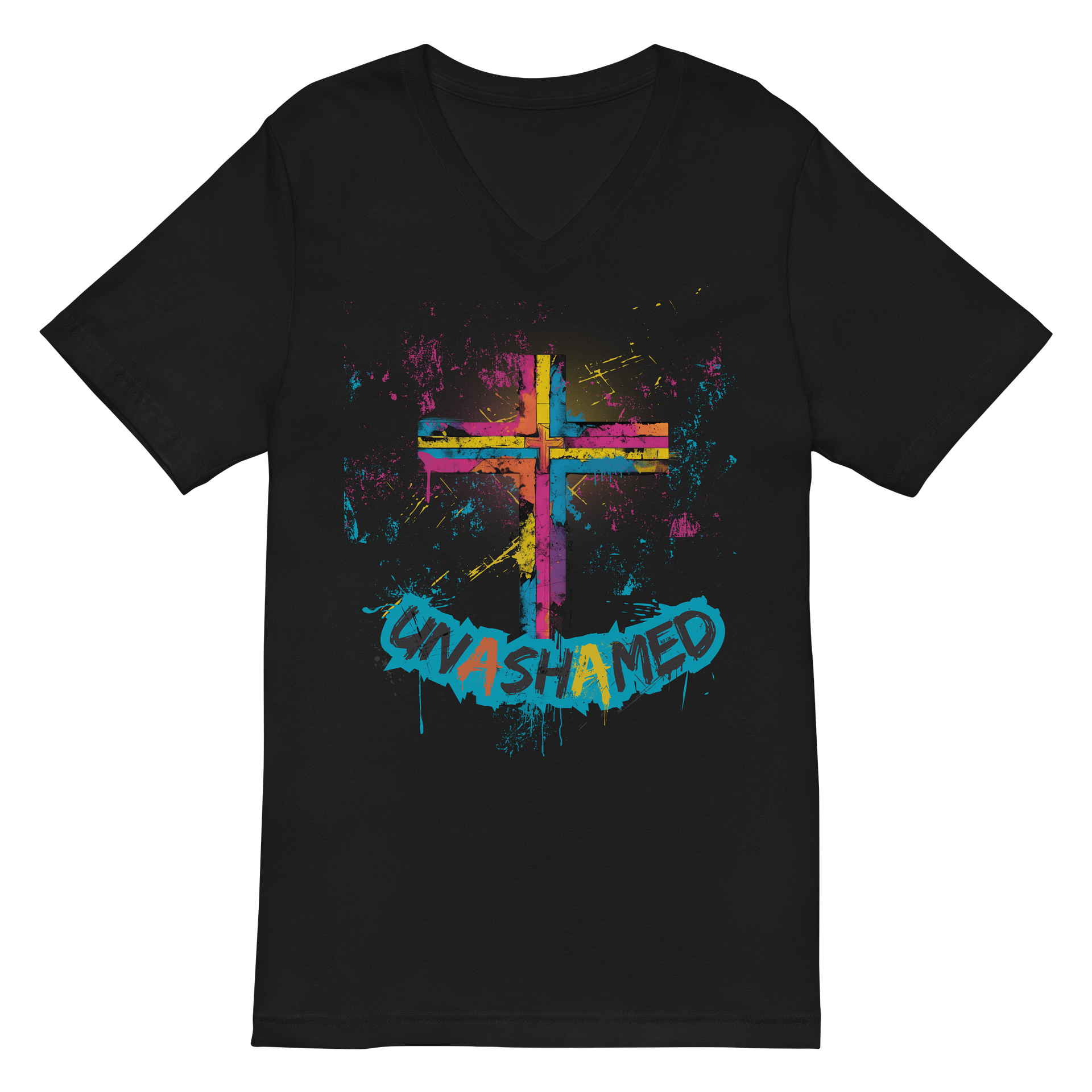 Unashamed Ro 1:16 Cross V-Neck T-Shirt - Unisex Bella + Canvas fit product image (3)