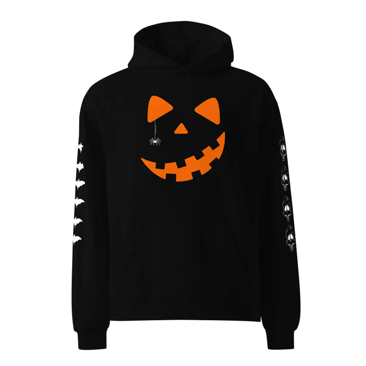 Cozy Halloween Hoodie Featuring Pumpkin Smile, Large Spider on the Back, Bats on One Sleeve, and Skulls on the Other - Perfect for Fall Celebrations and Trick-or-Treating! product image (1)