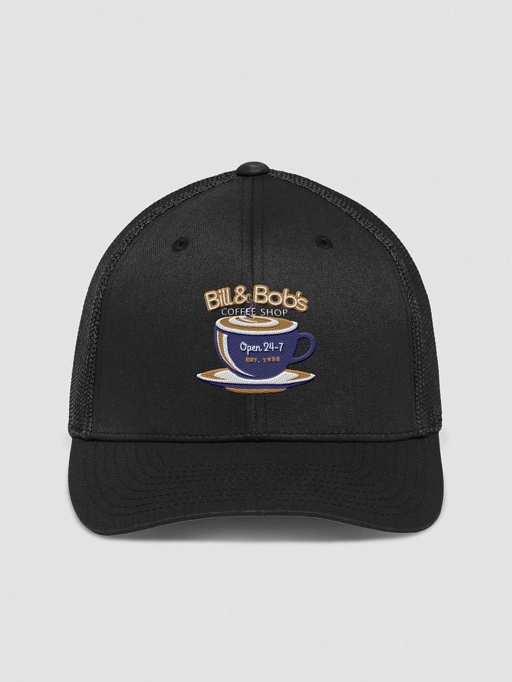 Bill & Bob's Coffee Shop Open 24/7 Trucker Hat, Navy Blue Color Accent product image (1)
