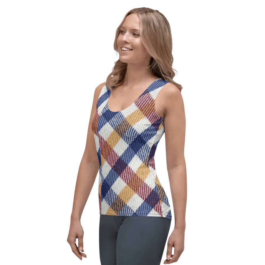 ALL-OVER PRINTED VINTAGE BLUE RED YELLOW CHECKERED PATTERN WOMEN'S TANK TOP product image (3)