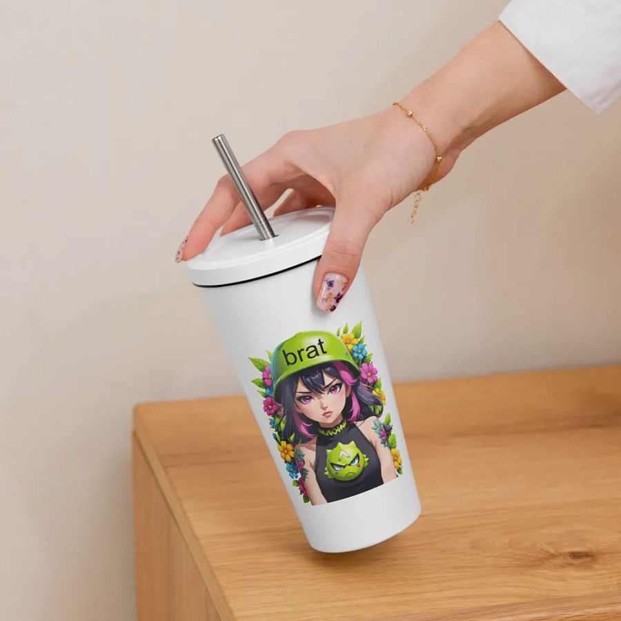 Brat 20 oz Tumbler Cup - White - Insulated Tumbler with a Straw v6 product image (6)