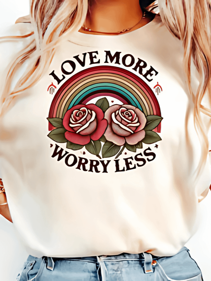 Boho Valentine Sublimation Design – 'Love More Worry Less' with Retro Rainbow & Floral Art – Hippie Style PNG for T-Shirts – 300 DPI Instant Download product image (1)