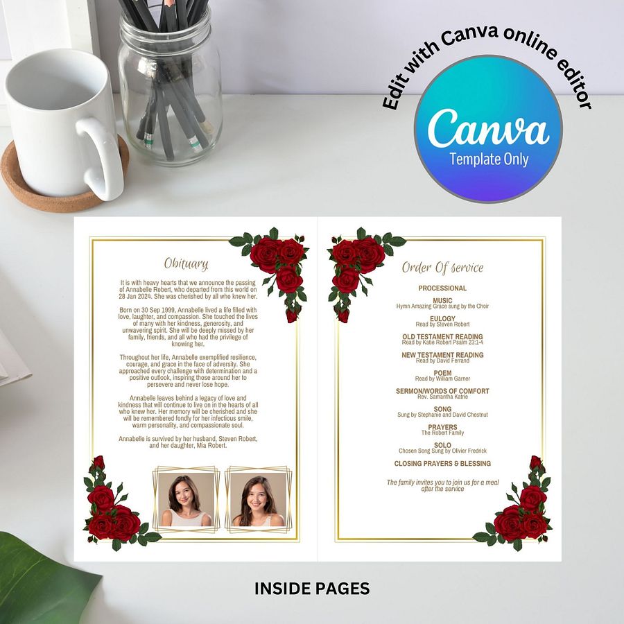 Red Roses Funeral Program Canva Template product image (5)