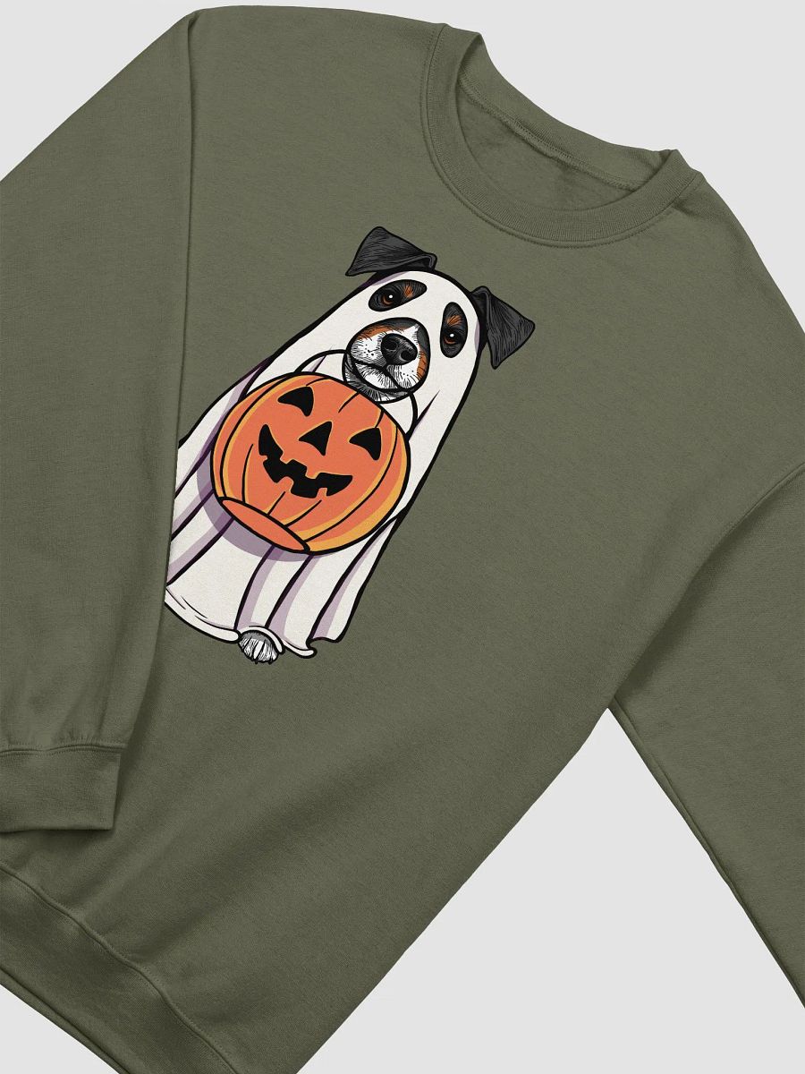 Funny Halloween Jack Russell Terrier(Tricolor) Sweatshirt | Funny JRT Wearing a Ghost Costume and Holding a Pumpkin Basket product image (14)
