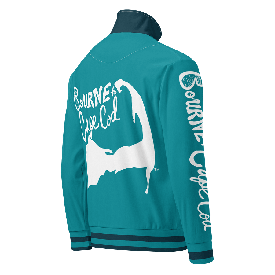 All-Over Print Recycled Track Jacket | Coastal Chill Meets Street Thrill | BOURNE to Cape Cod™ + BRN.2C.C.™ | White Logos on Blue Stripes product image (2)