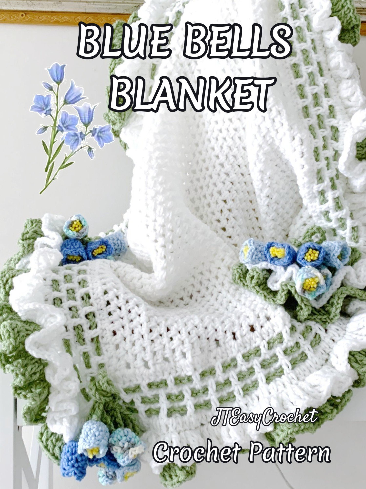 Blue Bells Flower Baby Girl Blanket Crochet Pattern, Infant Coming Home Blanket Floral Boho Throw Vintage Style product image (1)