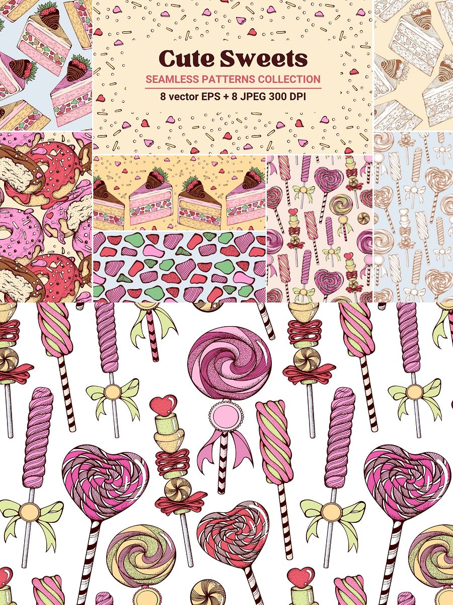 Cute Sweets Hand Drawn Vector Seamless Patterns Collection product image (8)