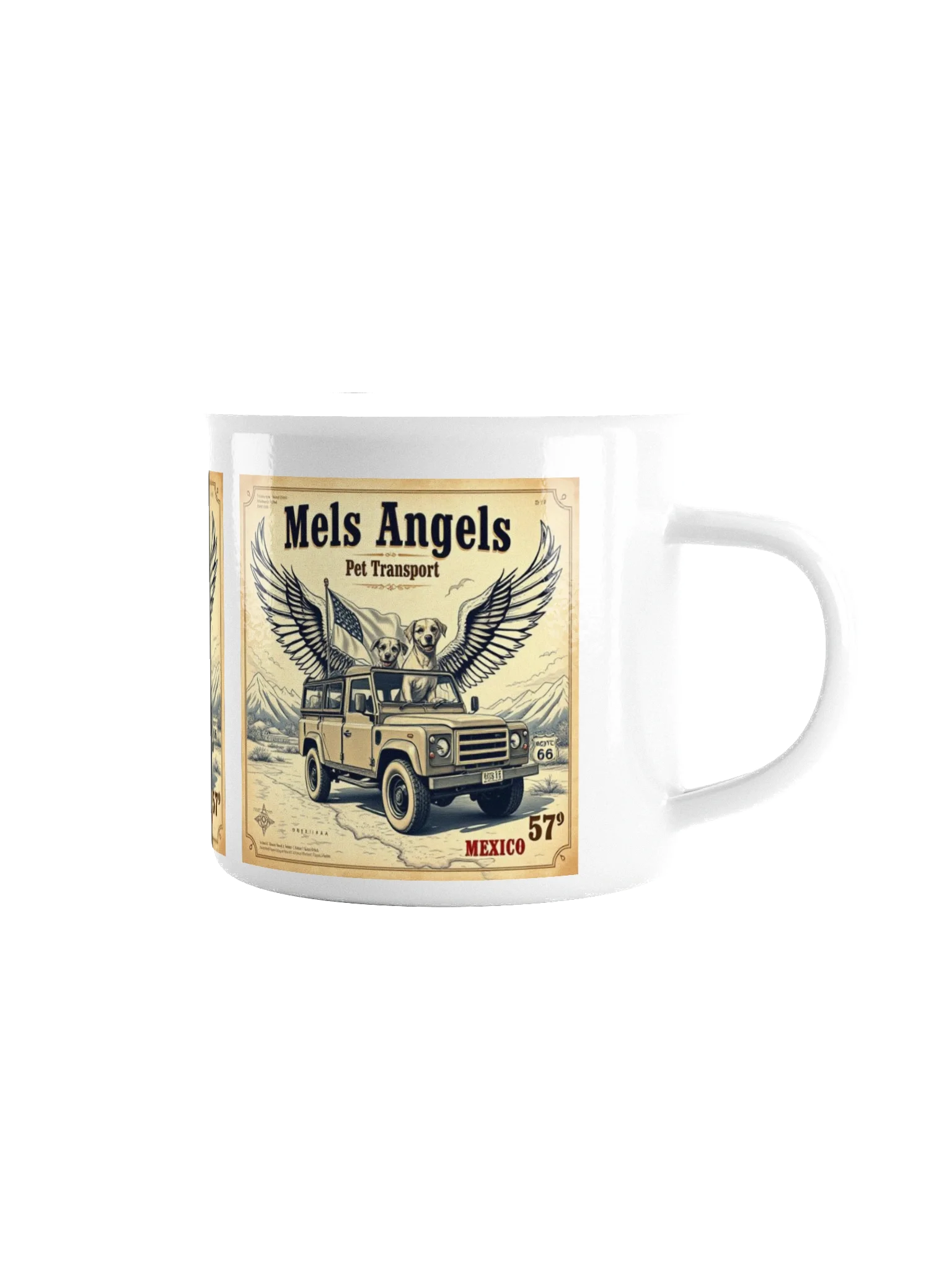 Mels Angels Pet Transport Enamel Mug | Vintage Mexico Travel Cup | Dog Lover Gift, Adventure Coffee Mug, Enamel Camp Mug product image (3)
