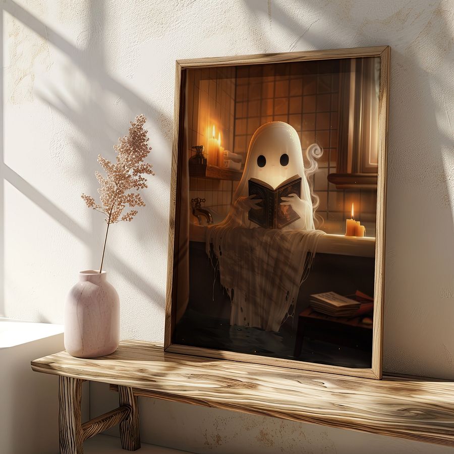 Cute Ghost Reading a Book in The Bathroom Halloween Art Print product image (24)