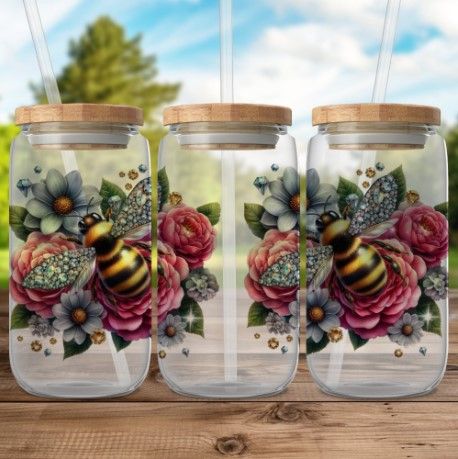 Floral Bee Mason Jar Glass Tumbler with Straw – Eco-Friendly Bamboo Lid – Perfect for Iced Drinks, Smoothies & More!New Product product image (1)