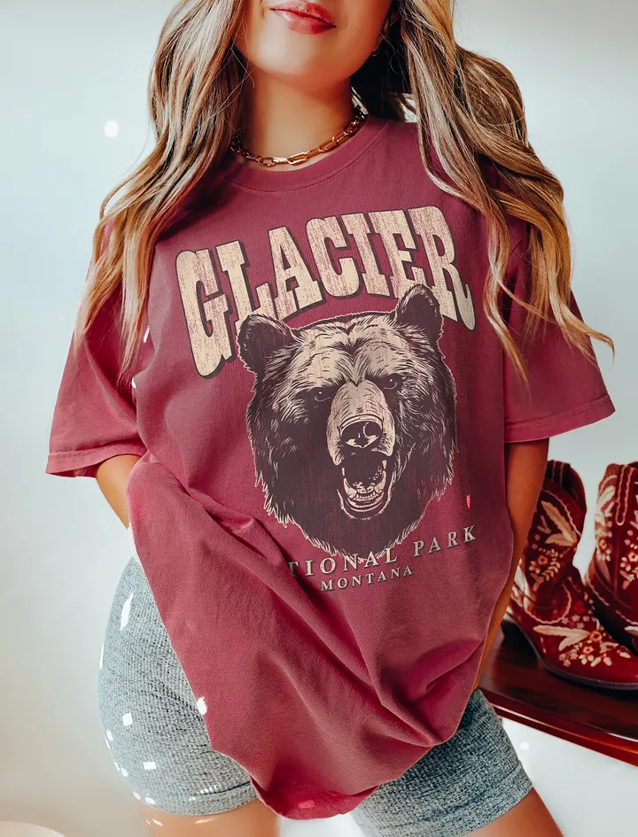 Glacier National Park, Montana Tee | Vintage-Style Grunge Western Shirt with a Bear's Head product image (11)