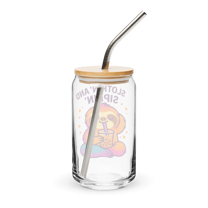 Slothin’ and Sippin’ – Funny Sloth Glass Cup with Lid & Straw | Sloths Having Snacks Collection product image (2)