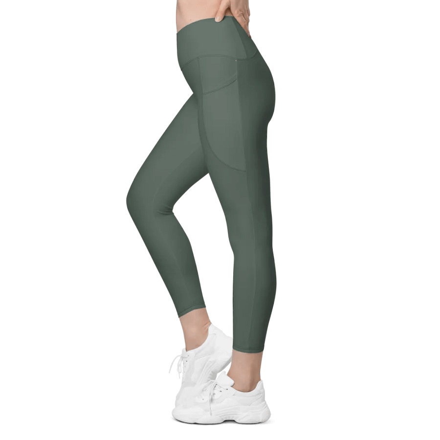 Plain Dark Sage Green Soft Summer Women's High Waisted Premium Crossover Leggings with Pockets by Treasure Pie product image (5)