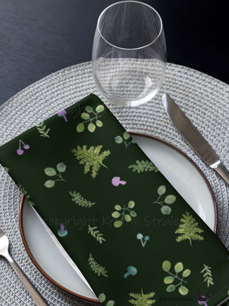 Woodland Ferns & Mushrooms on Dark Green Cloth Napkin Set of 4 product image (10)