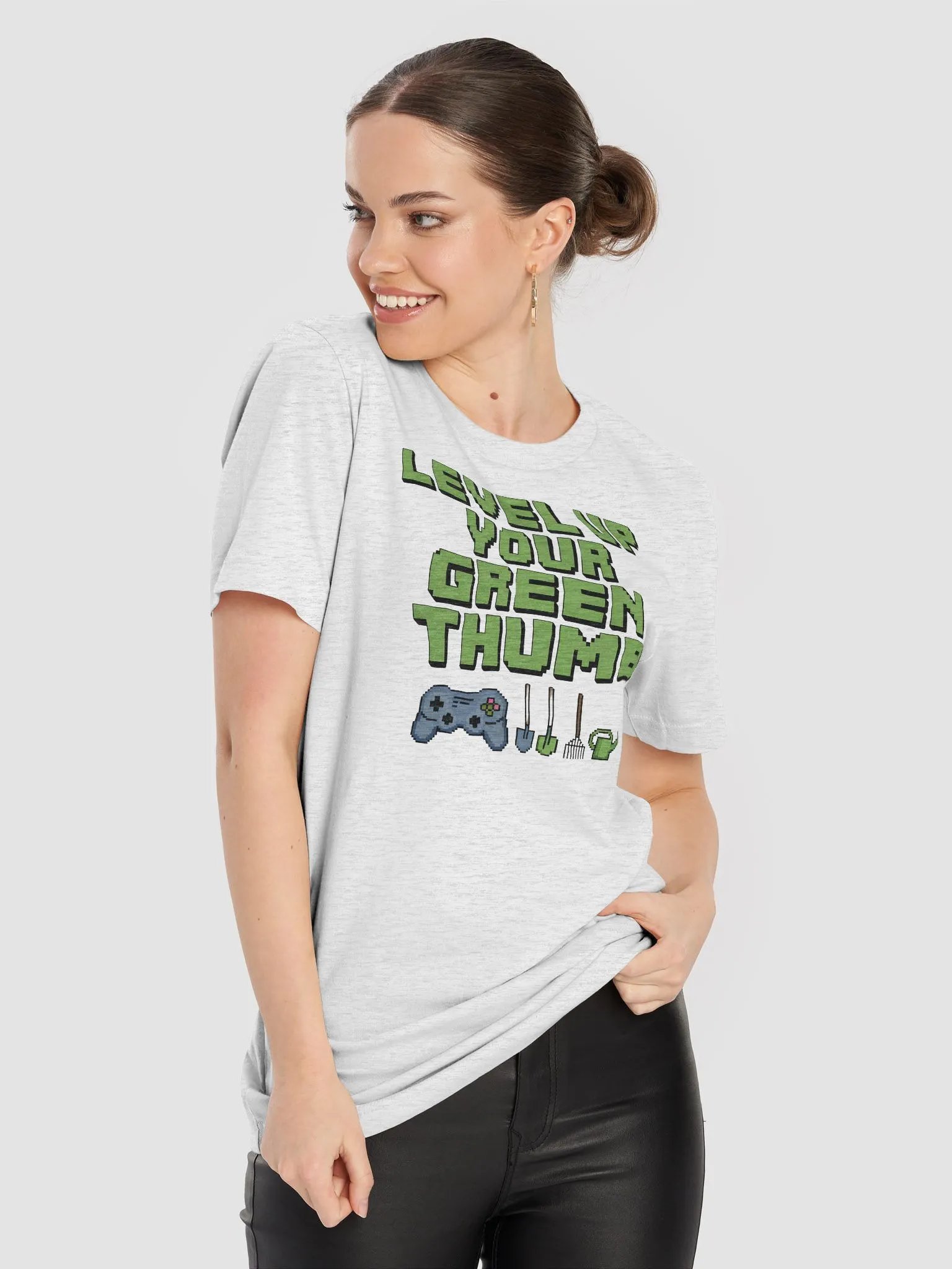 “LEVEL UP YOUR GREEN THUMB” t-shirt, gaming and gardening icons, planting skills tee, virtual gardening pride, classic gaming symbols, green thumb, garden lover, gamer lover, unique gift product image (8)