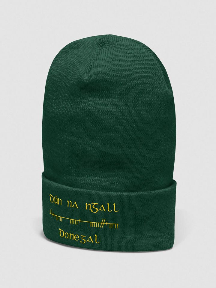 Donegal/Dún na nGall, Orthodox Style Ogham, Green with Gold, embroidered cuffed Beanie product image (2)