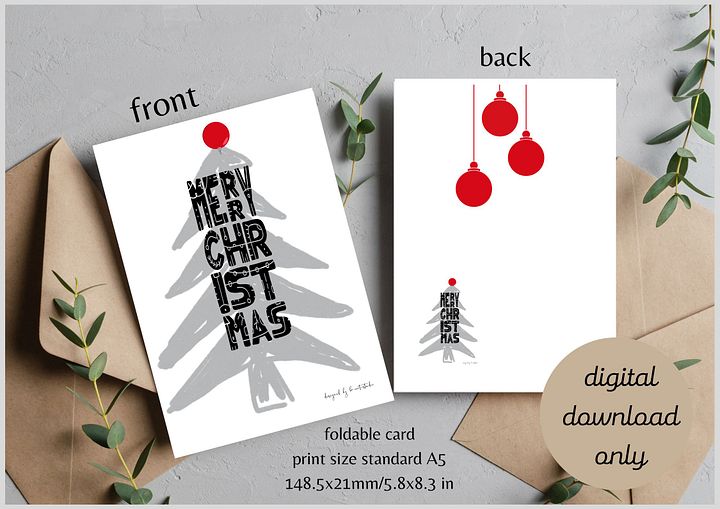Foldable Christmas card, hand drawn, grey, black, red product image (1)