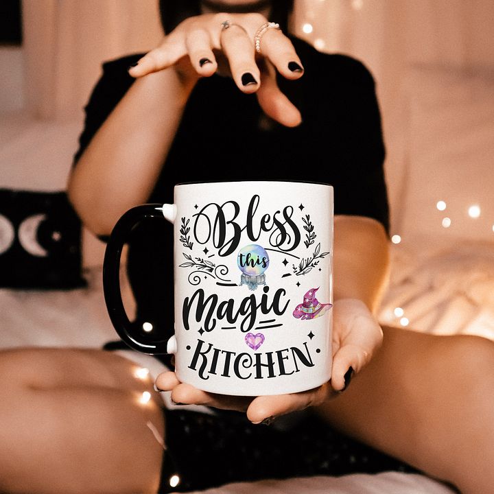 Bless This Magic Kitchen WHITE WITH BLACK HANDLE MUG- Witchy, Kitchen Witch, Magic Kitchen Gift product image (1)