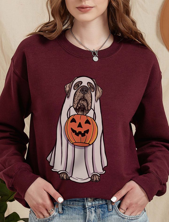 Funny Halloween Neapolitan Mastiff Sweatshirt | Funny Dog Wearing a Ghost Costume and Holding a Pumpkin Basket product image (10)