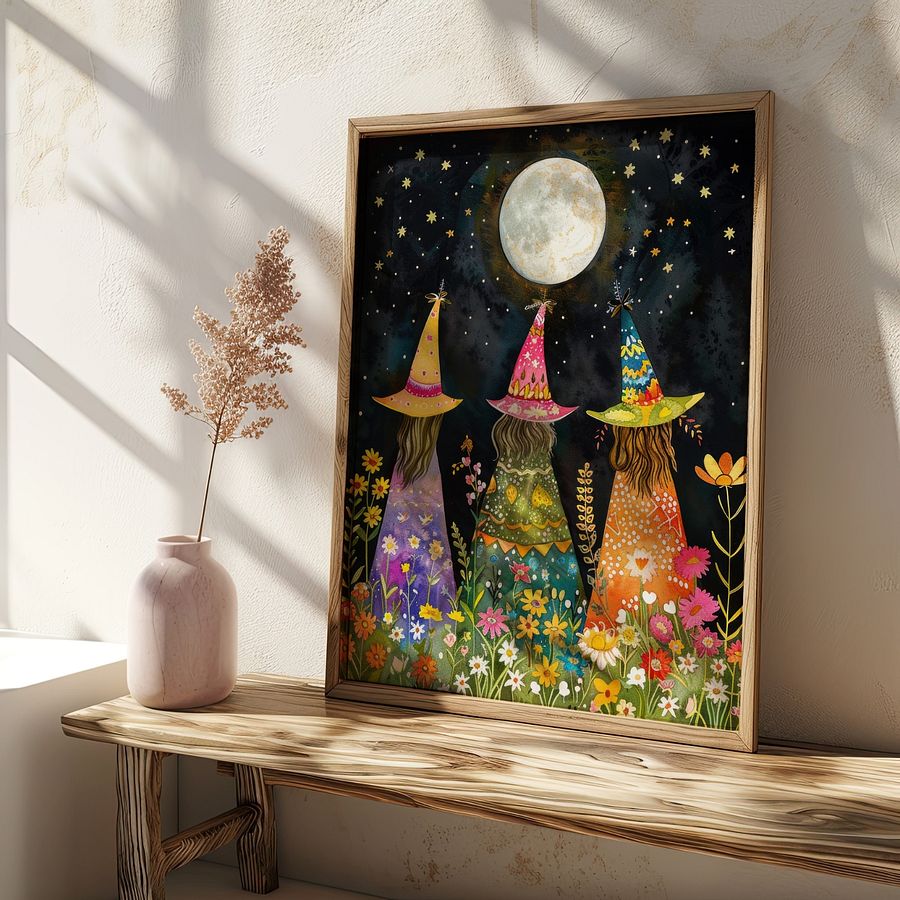 Whimsical Witches Under The Fullmoon Colorful Art Print product image (28)
