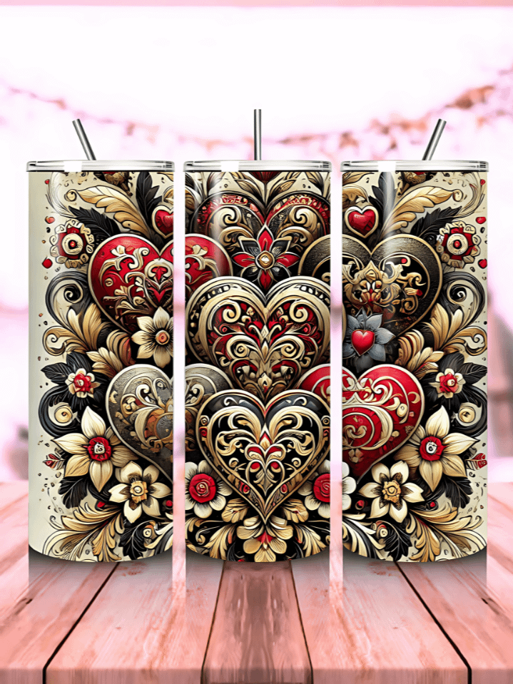 Red & Black Hearts Valentine Tumbler Wrap – 20 oz Skinny Sublimation PNG – Instant Download Heart Pattern Design product image (1)