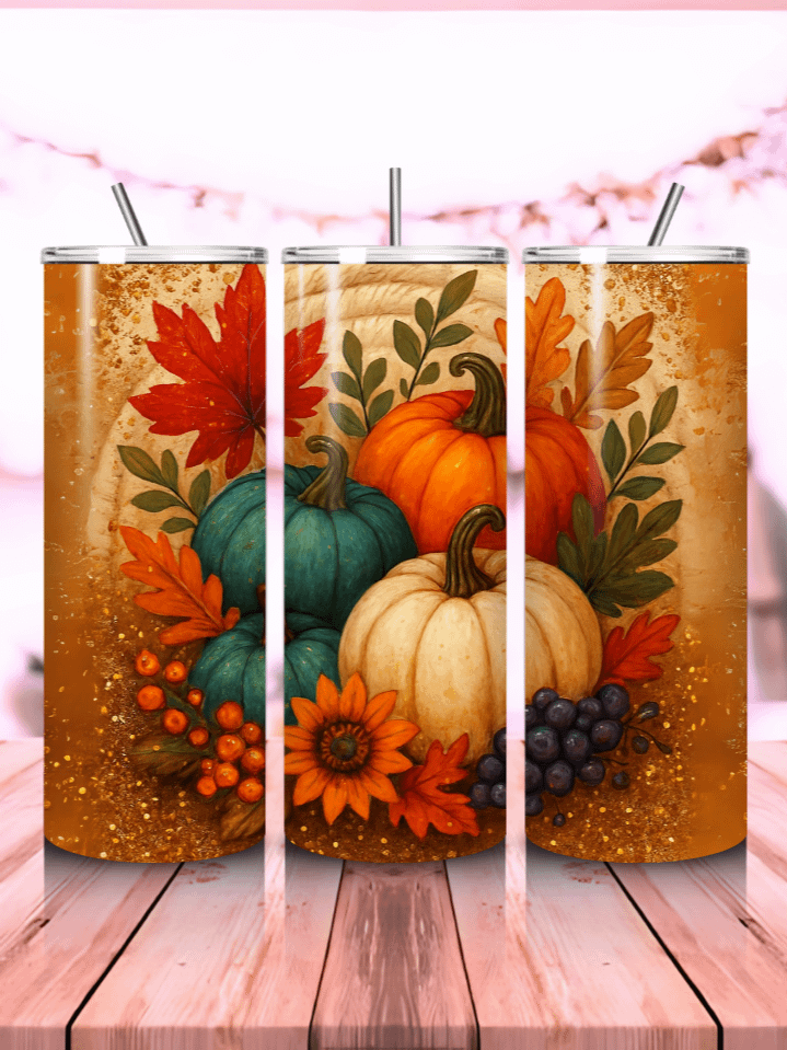 Orange Pumpkin Tumbler Wrap PNG – 20oz Skinny Sublimation Design with Rustic Autumn Harvest Theme & Warm Seasonal Colors – Perfect Fall Gift – 300 DPI Instant Digital Download product image (1)