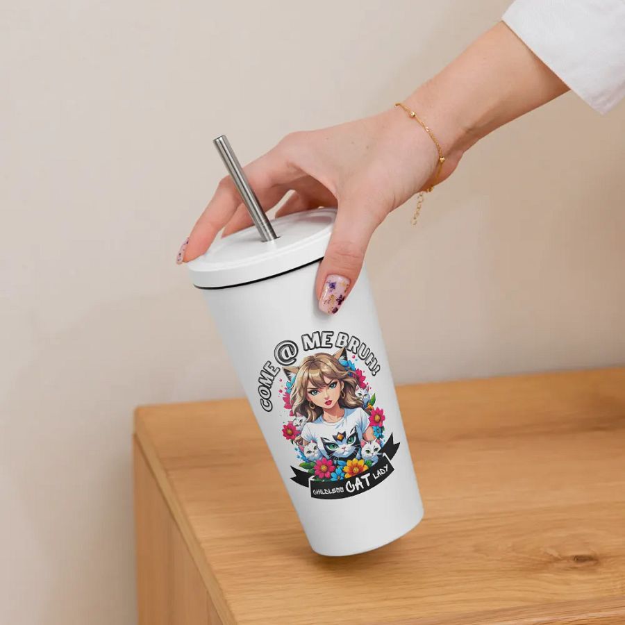 Childless Cat Lady 20 oz Tumbler Cup - White - Insulated Tumbler with a Straw product image (6)