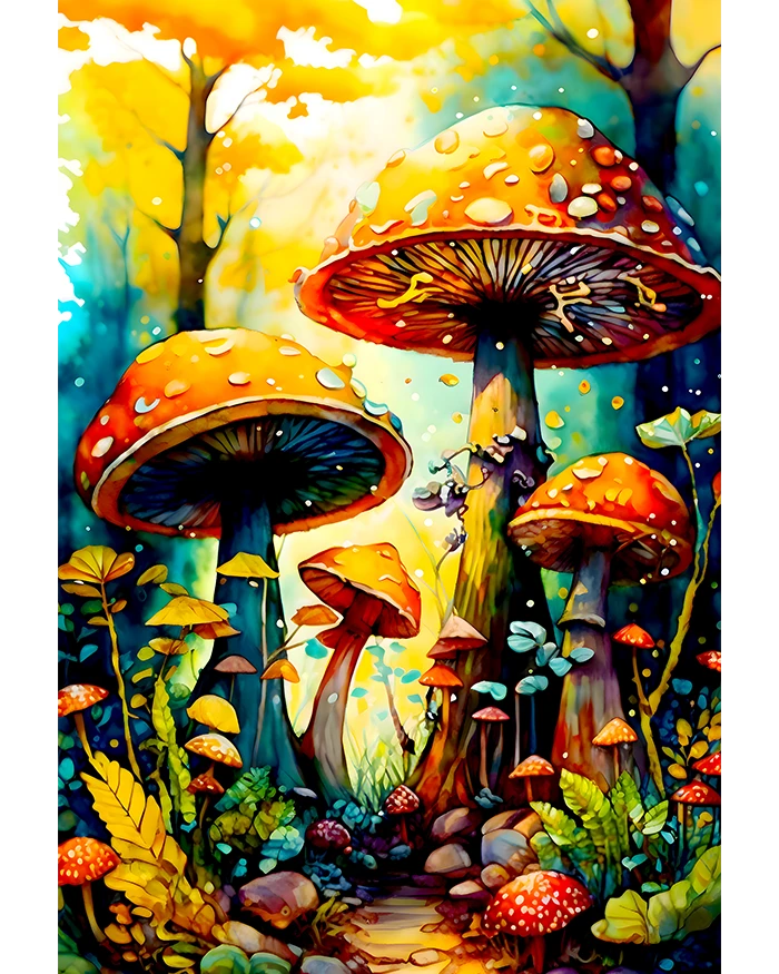 Magic Mushrooms in Colorful Enchanted Forest Watercolor Art Matte Poster product image (1)