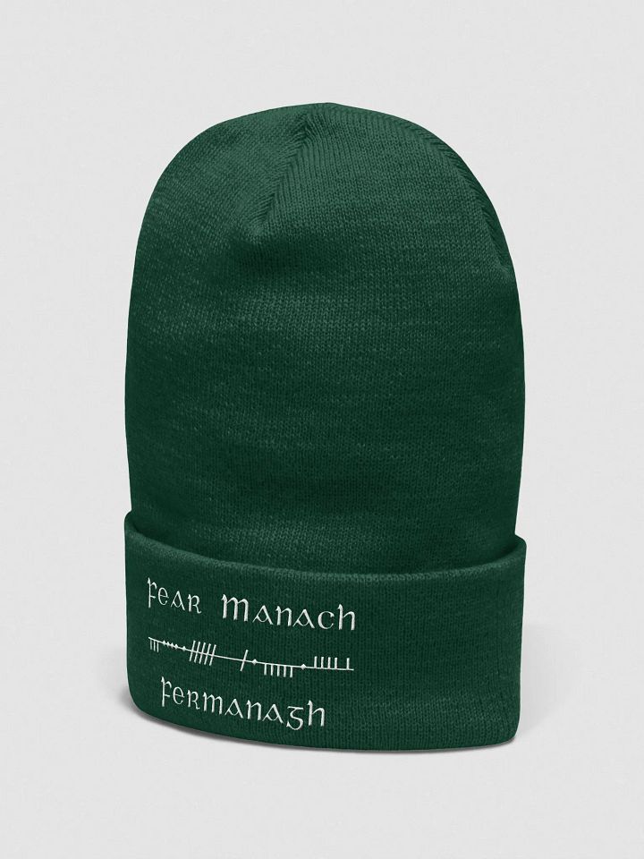 Fermanagh/Fear Manach, Green with white, Scholastic style Ogham embroidered Cuffed Beanie product image (2)