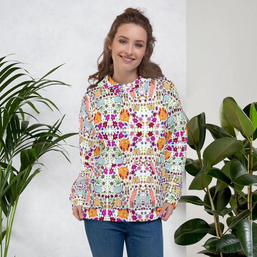 Abstract Floral Doodle Art Cats Unisex Pull Over Hoodie product image (5)