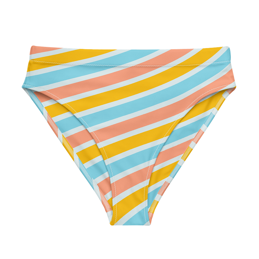 Women’s | Recycled High-Waisted Bikini Bottoms | BOURNE to Cape Cod™ | Pink Logos on Bright Stripes product image (5)