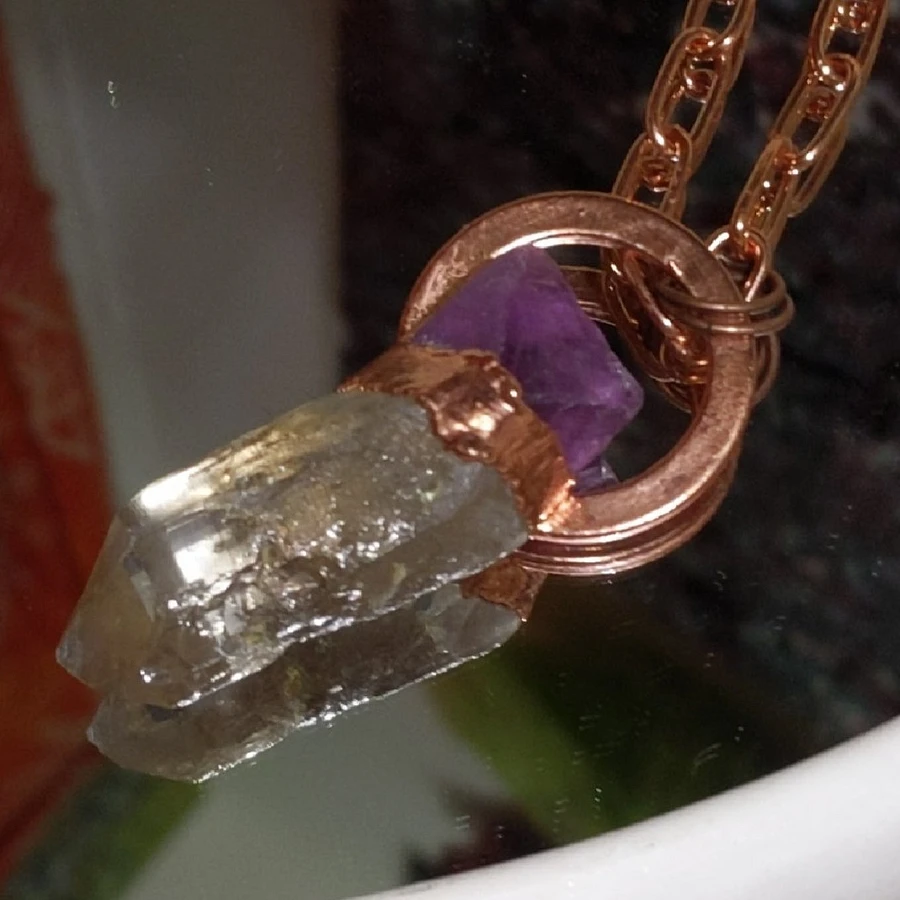 Purple Octagonal Fluorite & Natural Quartz Necklace product image (1)