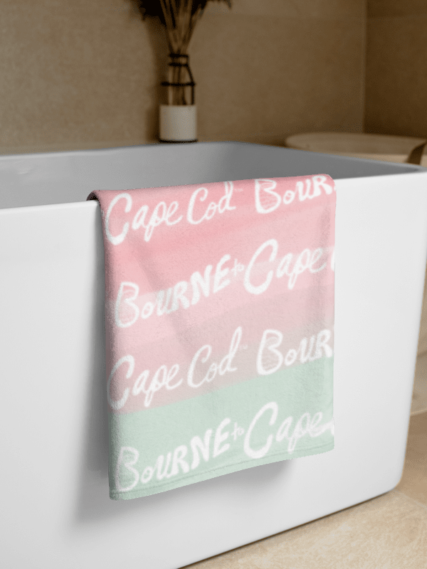 BOURNE to Cape Cod™ | Coastal Classic Beach Towel | All-Over Horizontal Logo Print | White Logo on Pastel Ombre product image (1)
