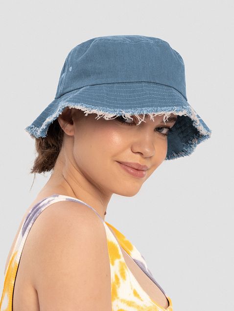Photo showing Capstone Distressed Denim Bucket Hat