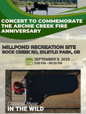 Join Us for a Concert in the Forest! #inalandscape#HunterNoack⁩  #oandclands #classicalmusic  To commemorate the 5th Anniversary of the Archie Creek Megafire*, Forest Bridges has teamed up with Jane Ratzlaff, Family Development Center, and In a Landscape: Classical Music in the Wild's Hunter Noack to stage an outdoor concert on September 9th at the Millpond Recreation Site at Rock Creek, Idleyld Park, Oregon. The site replaces a traditional concert hall where In a Landscape: Classical Music in the Wild pianist Hunter Noack will perform classical music on his 9-foot #steinway concert grand piano. Attendees will listen through wireless headphones and wander through the recreation site with music as a soundtrack to the experience. Get an up-close look and learn about the remnants of high-severity wildfire* and proposed solutions to improve forest health and wildfire resilience in the heart of western Oregon’s logging and recreation country, and the ancestral land of the Confederated Tribes of Siletz Indians, Confederated Tribes of Grande Ronde, and the Cow Creek Band of Umpqua Tribe of Indians. For more details and to purchase tickets, please visit: https://aftontickets.com/event/buyticket/z59r7qzzjq #inalandscape #classicalmusicinthewild #hunternoack #classicalmusic #livemusic #pianist #outdoorlife #classicalpiano #steinway #oregon #oandclands #publiclands #oregonforests #fyp *The Archie Creek fire was one of five #megafires that burned around 1.2 million acres of Bureau of Land Management O&C, U.S. Forest Service, State, and private forestlands, as well as Tribal and small woodland forests, during the 2020 Labor Day Fires across western Oregon, creating severe ecological, economic and community impacts.